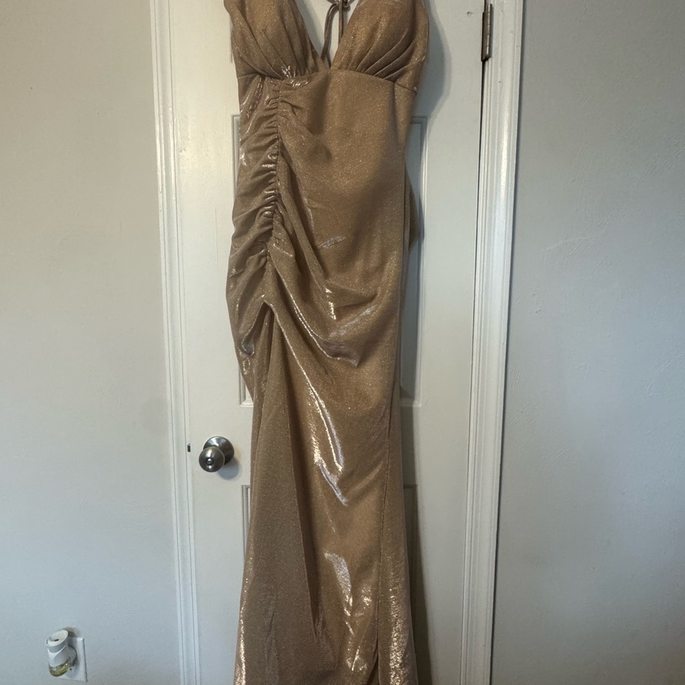Gold Ruched Halter Maxi Dress